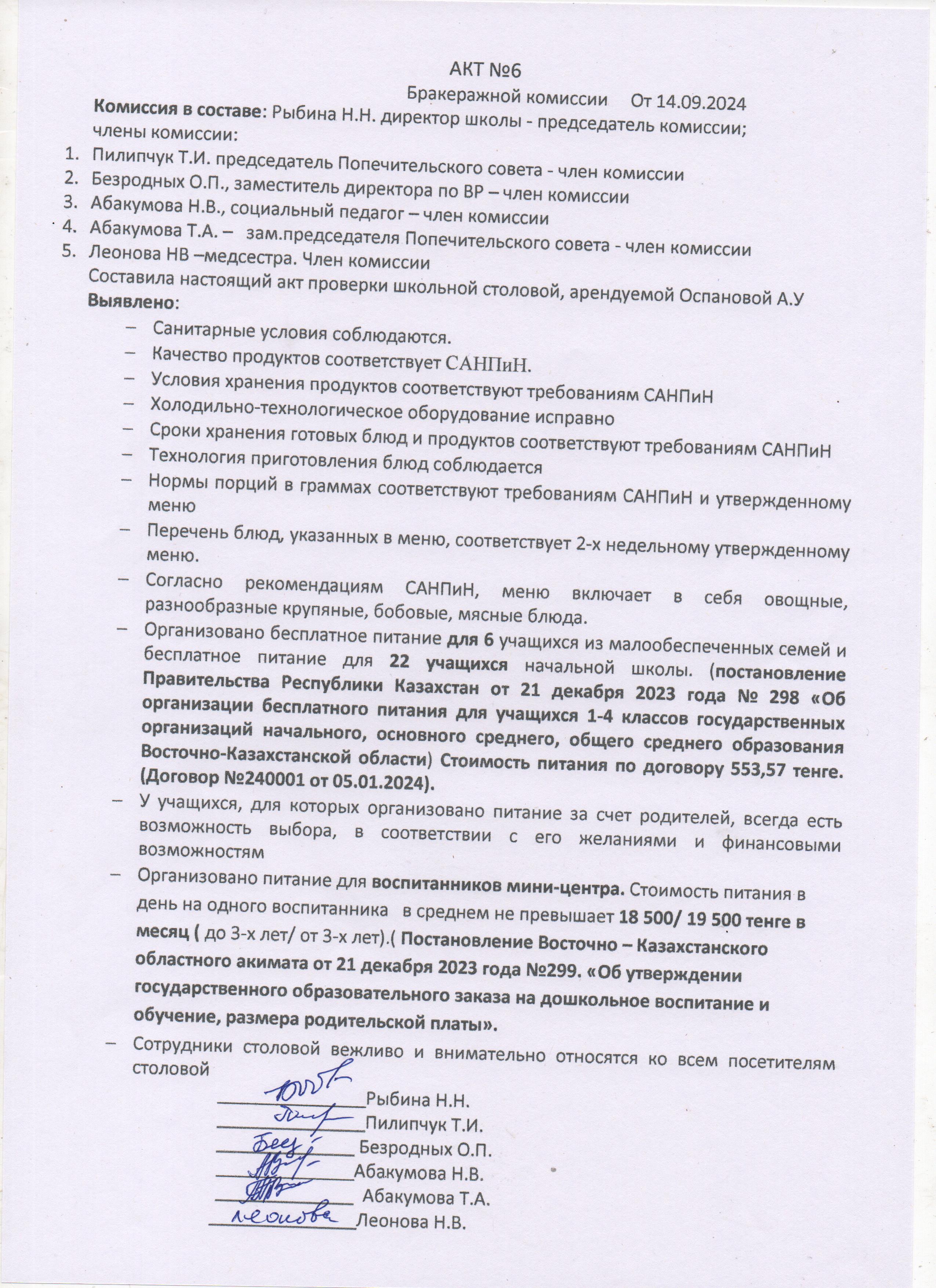 Тамақтандыру комиссиясының актісі №6. Акт №6 Бракеражной комиссии от 14.09.2024